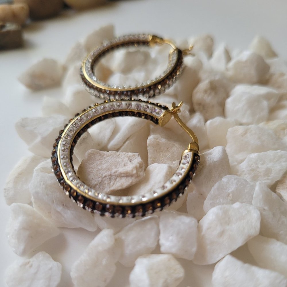 Hoop Earrings with Brown & White Crystal